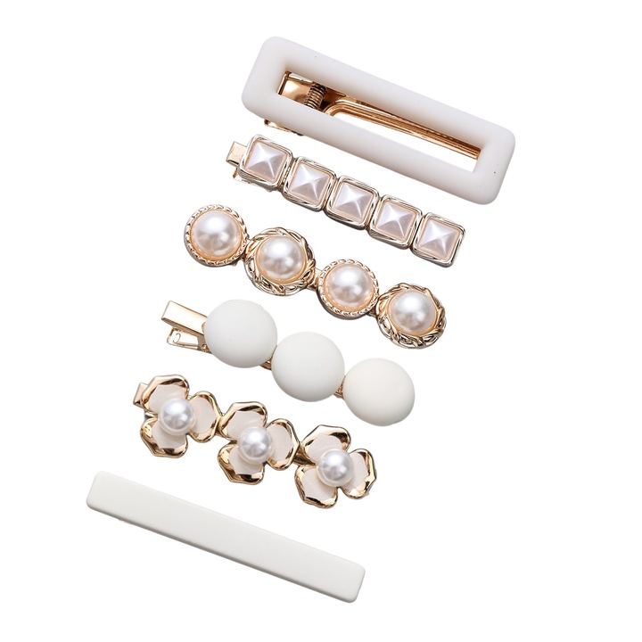 Set 5 agrafe de par, elegante, divere modele, Alb si Auriu 6-7 cm