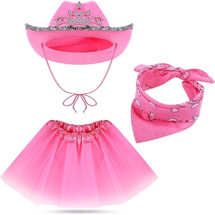 Accesorii costum cowgirl, SATINIOR, Set cu palarie, fusta tutu si bandana, pentru tinuta cosplay, petrecere, bal mascat, marime universala, Roz