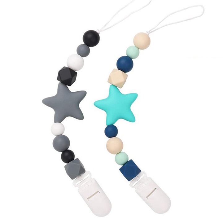 Set 2 Lanturi Pentru Suzeta Mixbo, cu Bile din Silicon si Clips, Albastru, 029