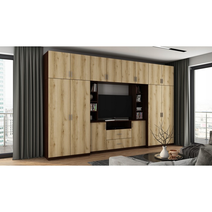 Set Mobilier pentru living, Meblast, Dako, 380 cm x 240 cm x 55 cm, PAL 18 mm, HDF de 3 mm, PVC 0.8 mm, Sonoma inchis / Stejar natural