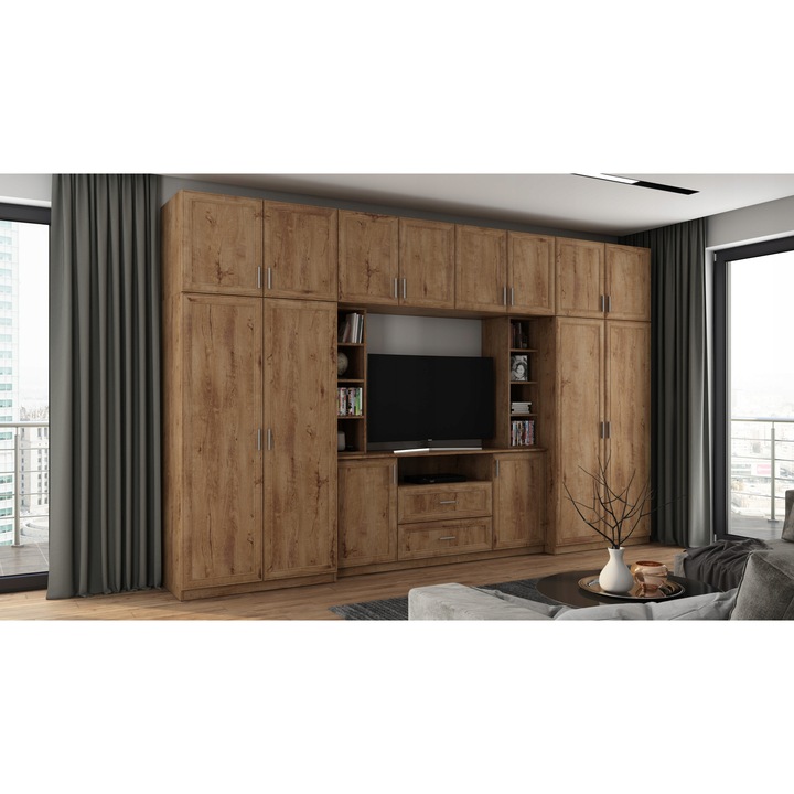 Set Mobilier pentru living, Meblast, Dako, 380 cm x 240 cm x 55 cm, PAL 18 mm, HDF de 3 mm, PVC 0.8 mm, Stejar Lefkas
