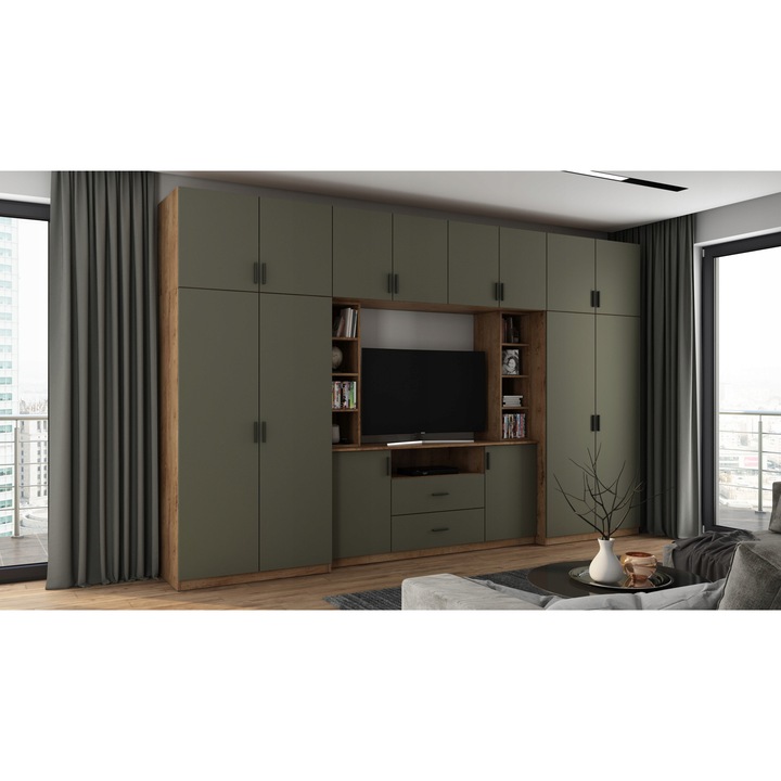 Set Mobilier pentru living, Meblast, Dako, 380 cm x 240 cm x 55 cm, PAL 18 mm, HDF de 3 mm, PVC 0.8 mm, Stejar Lefkas/Grafit