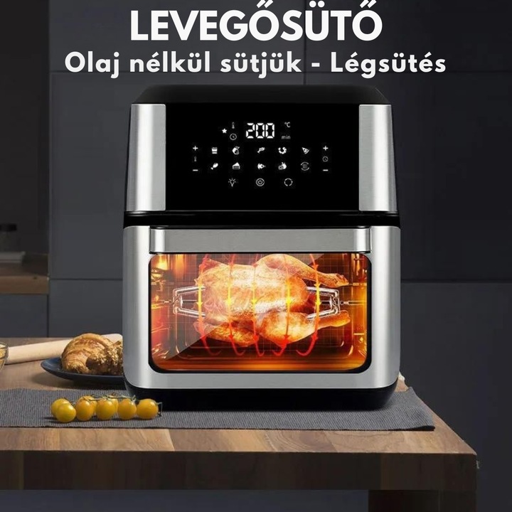 Forrólevegős sütő, Dasbo®, Air Fryer olaj nélkül állítható hőmérséklettel, 10 főzési program, Űrtartalom 12 L, Időzítő, Digitális kijelző, Rotissor, 1700 W, Fekete