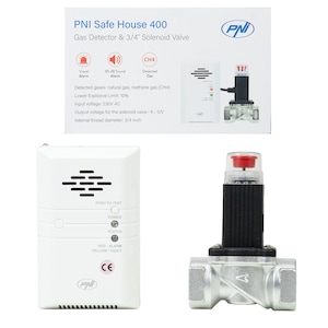 Kit senzor de gaz si electrovalva PNI Safe House 400, 3/4 inch, alarma sonora si luminoasa, 85dB, detecteaza gaze naturale, gaz metan (CH4)