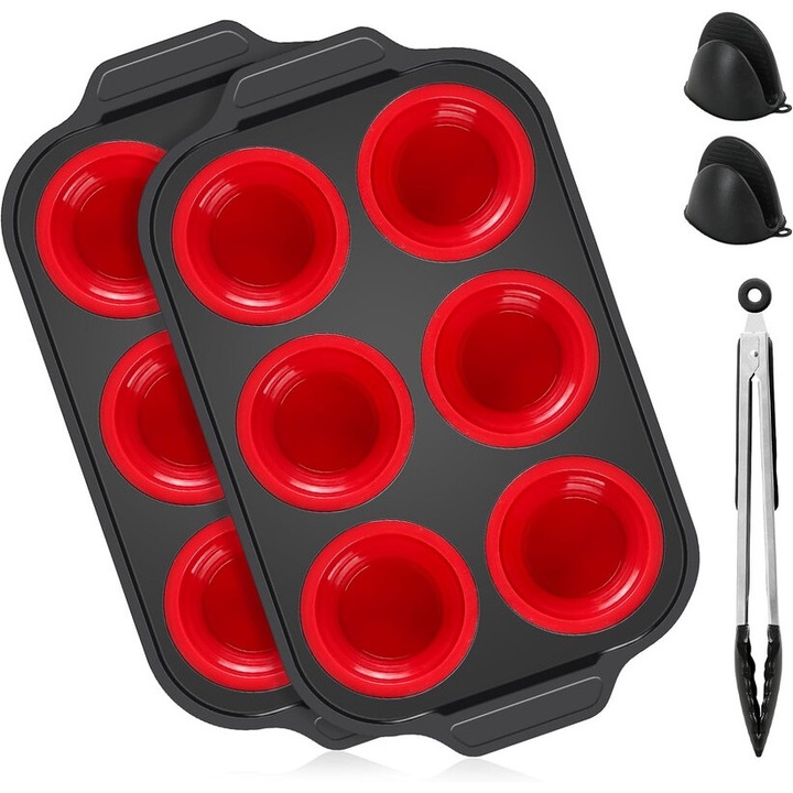 Set de copt Feicaeesa, Tavi Silicon 6 Cupe cu Cadru Metalic, Cleste Bucatarie, Manusi Mini, Negru, 31x19cm