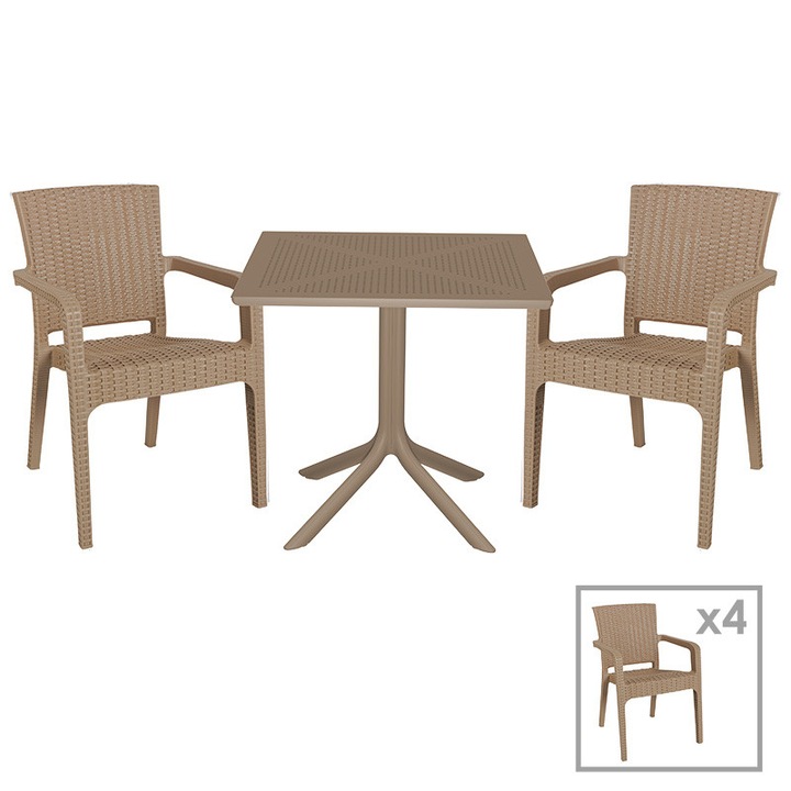Set de gradina masa si scaune Renzo Thiago Halcyon set 5 piese plastic cappuccino 80x80x74.5cm