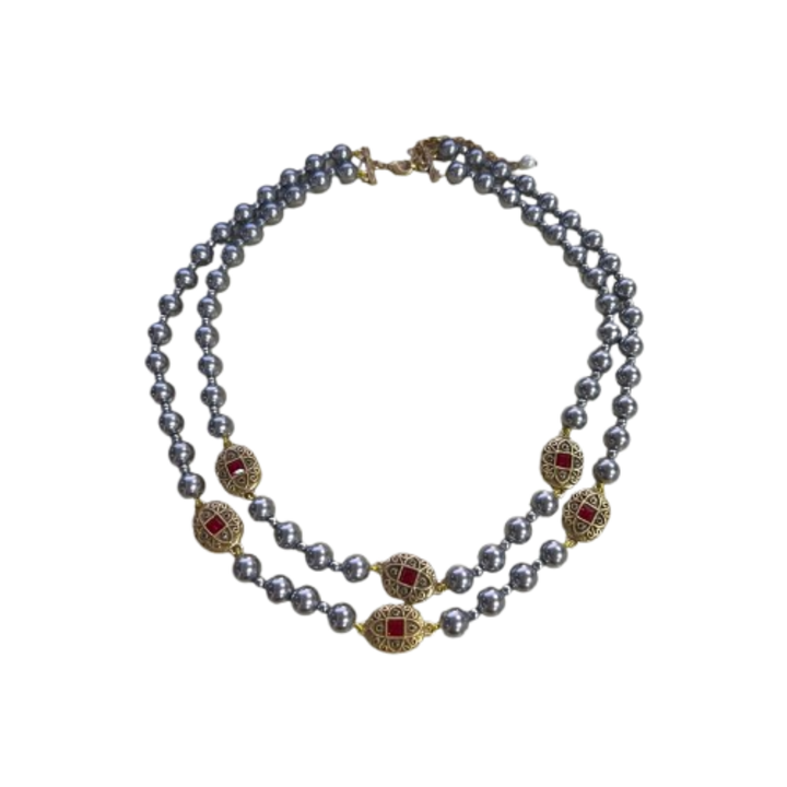 Colier retro cu perle gri, pandantiv geometric, sticla