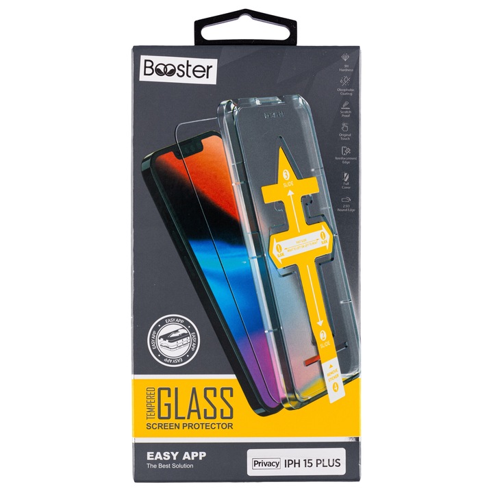 Folie sticla Booster, Privacy, compatibila cu iPhone 15 Plus, instalare rapida via dispozitiv special, Full Glue, securizata, duritate militara, Ultra HD, sticla profesionala, anti zgarieturi, anti socuri, margini negre, kit si racleta incluse, Easy App