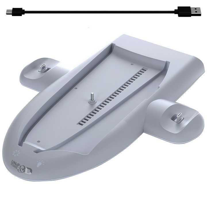 Stand Vertical cu Ventilator pentru PS5 Slim – 3 Viteze (5500RPM), Incarcator Controller Dublu, Iluminare RGB, Port USB, Alb