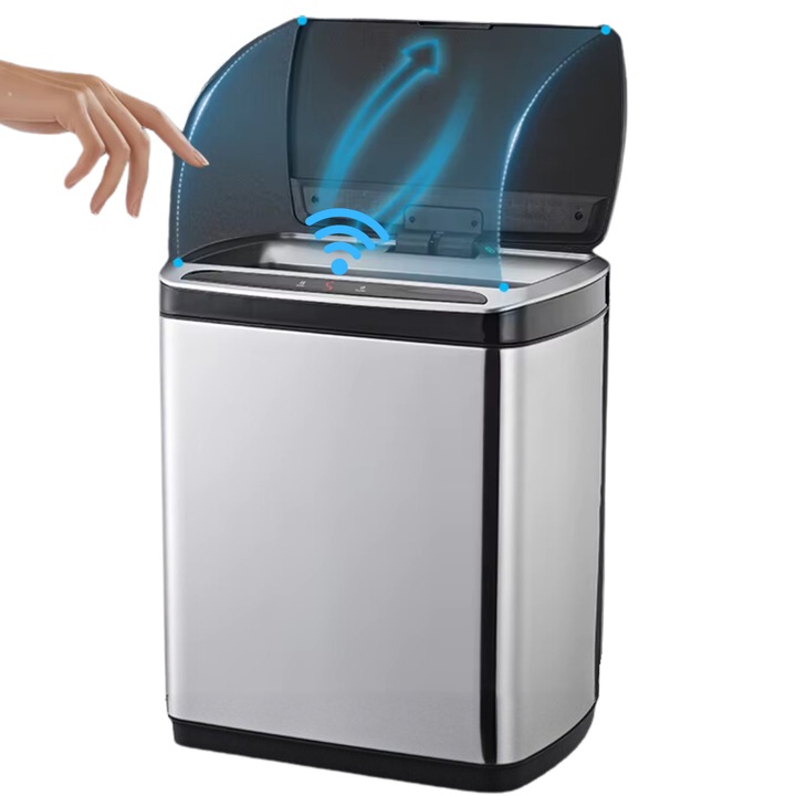 Умен кош за боклук, с автоматичен инфрачервен сензор DASBO, Капацитет 20 л, 1 отделение, Автоматичен капак против миризми, Тихо отваряне/затваряне, от неръждаема стомана, елегантен дизайн, за баня, кухня, офис, спалня, водоустойчив IPX5, Сребрист