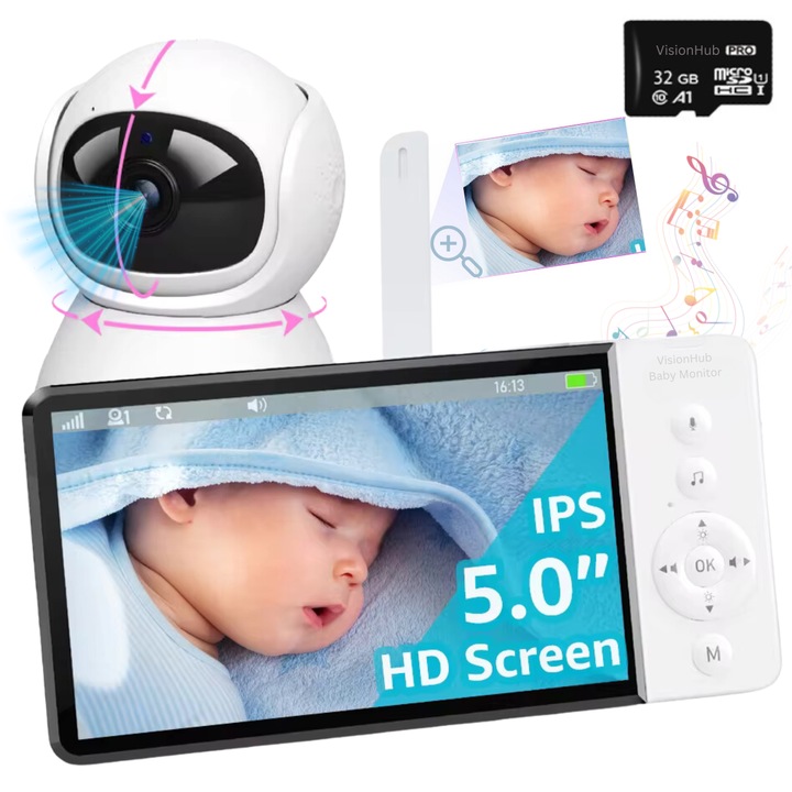 Бебефон с мулти изглед на аудио-видео камера 2 в 1 WiFi VisionHub®, UltraHD/5” нощно виждане, 355°/90° ротация, 4X увеличение за наблюдение на бебета, 5000mAh, известия за движение, звук, температура, влажност, песни, ECO режим, 300м+