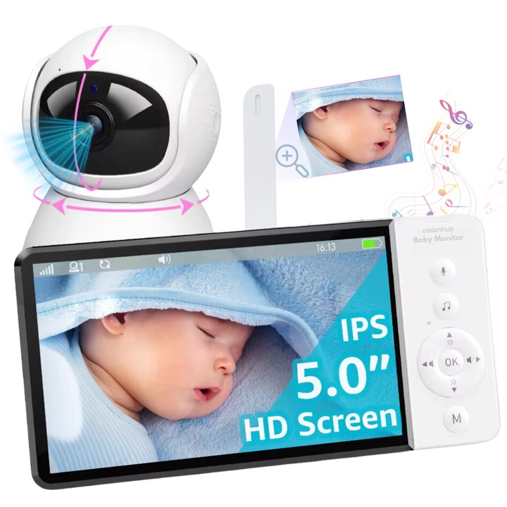 2 az 1-ben WiFi babafigyelő több nézetű audio-video kamerával, VisionHub®, UltraHD/5” éjszakai látás, 355°/90°-os elforgatás, 4X zoom babafigyeléshez, 5000 mAh, mozgásértesítések, hang, hőmérséklet, páratartalom, dalok, ECO mód, 300m+