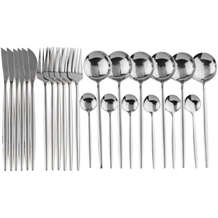 Комплект прибори Feicaeesa, 24 части, неръждаема стомана 18/10, огледално полиране, сребристи, за 6 човека