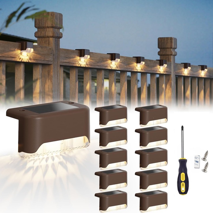 Set 10 lumini solare pentru gard, Darklove, Cu surubelnita, Acumulator, Mod Automat, Rezistente la Apa, Pentru scari, gard sau balustrada, ABS, 8x4.3x4.6 cm, Maro