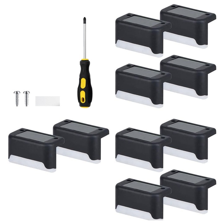 Комплект от 10 соларни лампи за ограда, Darklove, С отвертка, Вграден соларен панел, 600 mAh, IP42 водоустойчив, Лесен за инсталиране, За стълби, ограда или парапет, ABS, 7.8x4.7x2.8 см, Черен