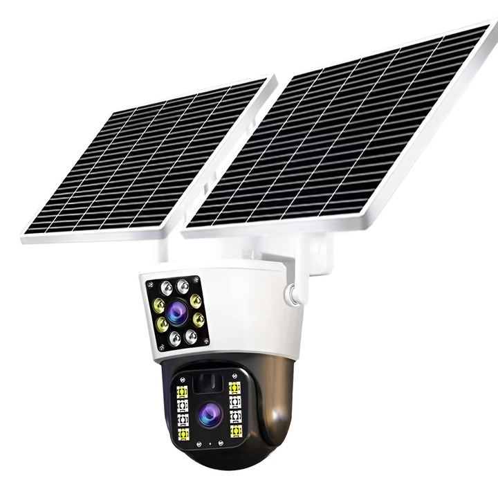 Камера за наблюдение CLAUSTEEL M120 2в1 с включен двоен соларен панел, 5MP, преносима, вградена 12000mah батерия, автоматично завъртане, Micro SD, SIM карта, 4G връзка, Наблюдава две зони едновременно