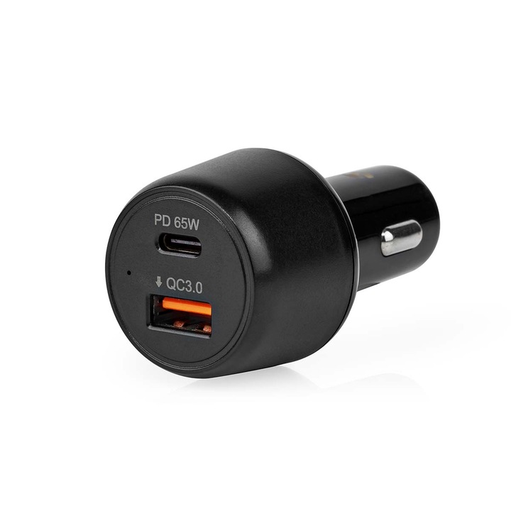 Autós Töltő, PD3.0 max. 65W, max. 3.25A, 1xUSB-A, 1xUSB-C, Automatikus Feszültség Kiválasztás, Fekete