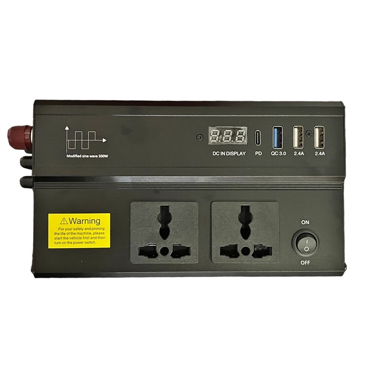 Autós feszültség inverter, 1000W, 12V - 220V, 2 db EU/UK/USA/AU csatlakozóadapter, 1 db USB PD 30W, 1 db USB QC 3.0 18W, 2 db USB 2.4A, Fekete
