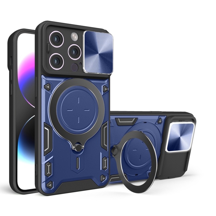 Tok iPhone 16 Pro készülékhez kamera védelemmel és beépített mágneses tartóval Gyűrű Ütésálló kék