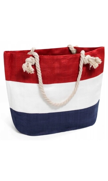 Geanta De Plaja, Evena, 50x35x15 cm, Cu Fermoar, In Dungi, Textil, Rosu/Alb/Albastru