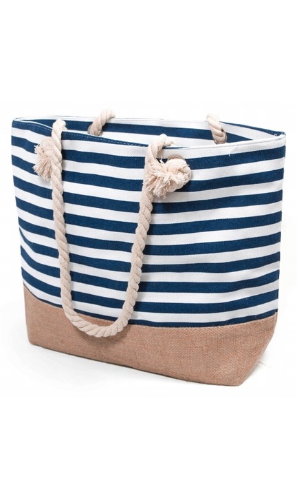 Geanta De Plaja, Evena, 50x35x15 cm, Cu Fermoar, In Dungi, Textil, Albastru/Alb/Bej