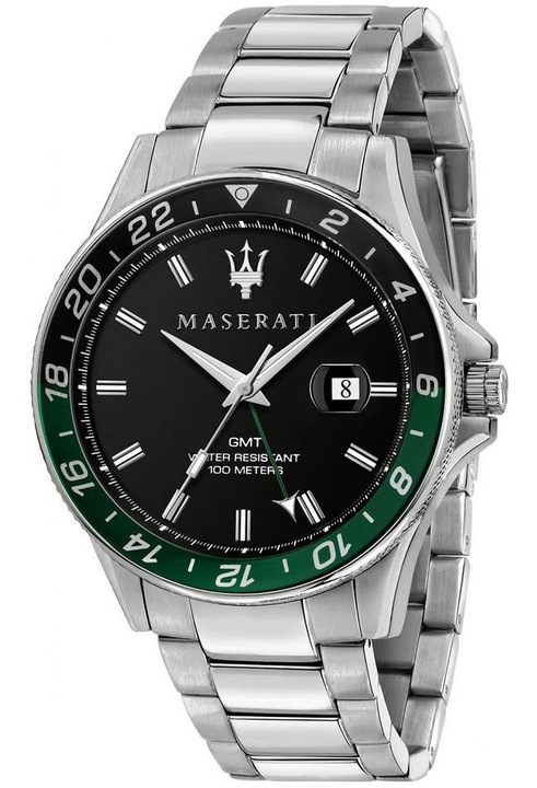 Ceas Maserati Sfida R8853140005, sportiv-elegant, datar cu lupa, GMT, argintiu, rezistent la apa 100m