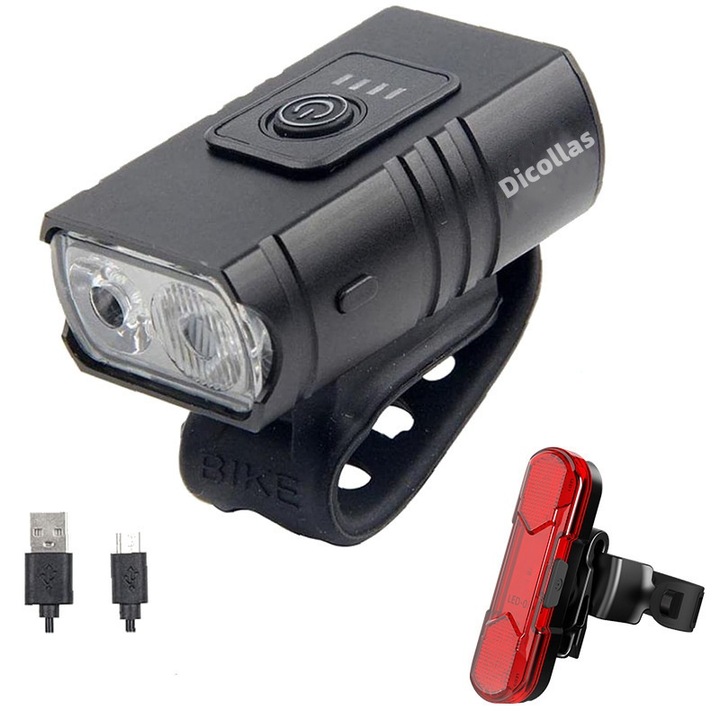 Set Lumini Bicicleta LED, IP45, 1600 Lumeni, 2400mAh, 10 Moduri Luminare, Reincarcabile USB, Negru/Rosu + Set 2 capace ventil, lumini pentru bicicleta, fosforescente, ABS, universale, rosu