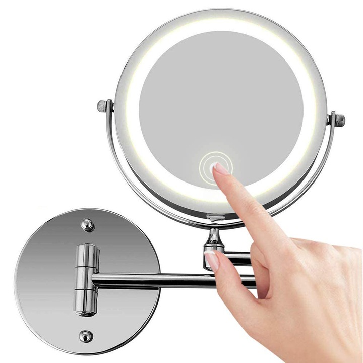 Kozmetikai fali tükör, Tovbmup, fém, 10x-es nagyítás, LED világítás, 360°-os elforgatás, 17,7 cm, ezüst