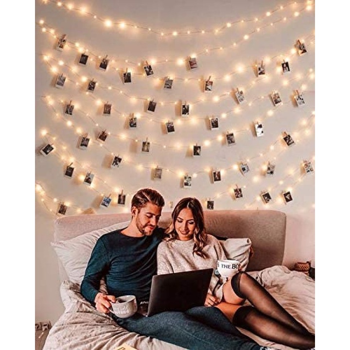 10M LED-es fénylánc 100 izzóval és 50 csipesszel fotókhoz, USB