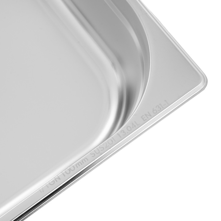 Tava gastronorm MJUSK, GN 1/1, 530x325x100 mm 13 l, pentru depozitarea alimentelor, ideal pentru catering si restaurante stivuibila, compatibila cuptor si frigider, interval de temperatura de la -40 °C la 300 °C, inox