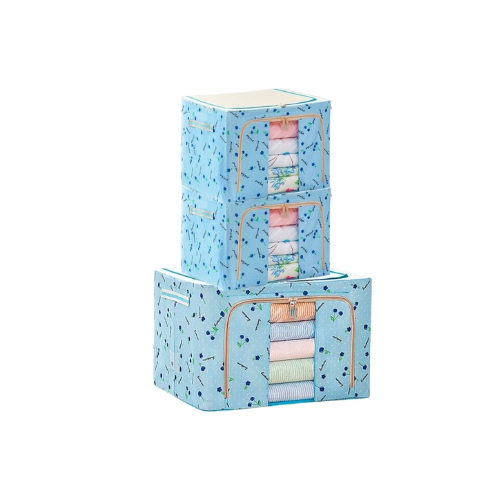 Set 3 Cutii de depozitare (1 x 66L + 2 x 24L) BIMROM®, cadru metalic si fereastra frontala, culoare albastra