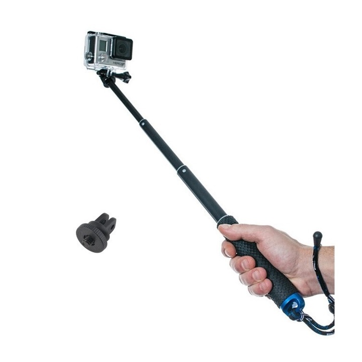 Селфи стик черен със синьо, 18 - 49 см, с ръкохватка За GoPro камери Hero 1 2 3 + 4 5 6 7 8 9 10 11 12 Session Mini Max, insta360 One X, DJI Action, SJcam, Universal, Phone