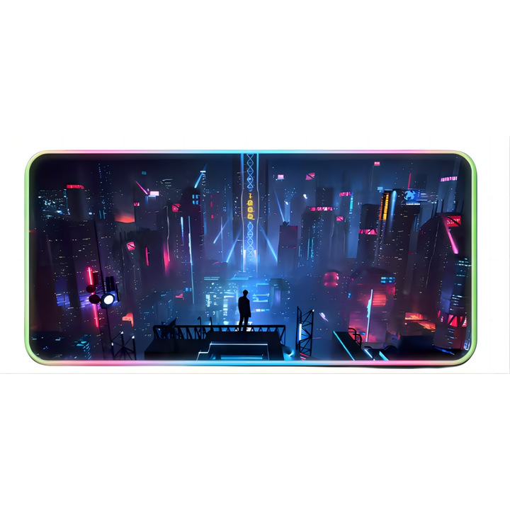 Mouse Pad Gaming RGB Cyber City – 90x40cmx3cm, 20 de Moduri RGB, Aplicatie Mobila, Impermeabil, Anti-alunecare, Design Futurist