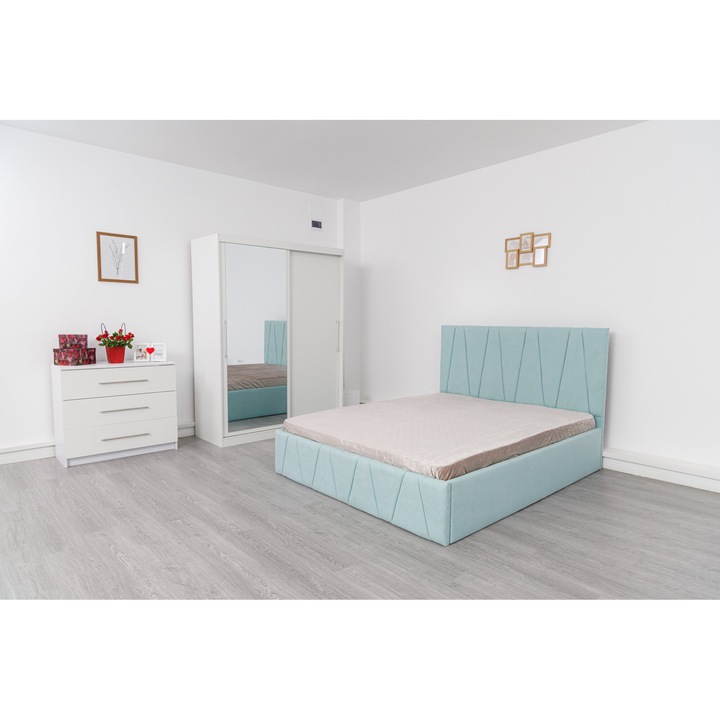 Dormitor Complet Cosmin Alb Turcoaz cu Pat Tapitat Turcoaz Stofa 160x200 Dulap usi Glisante 150 x 200 cm Alb cu oglinda Noptiere si Comoda TV