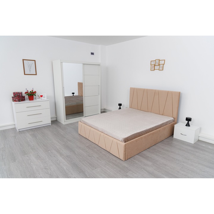 Dormitor Complet Cosmin Alb Bej cu Pat Tapitat Bej Stofa 160x200 Dulap Usi glisante Alb 150 x 200 cm cu Oglinda Noptiere si Comoda TV