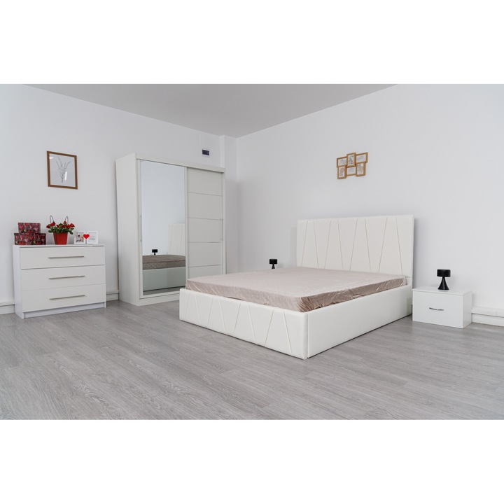 Dormitor Complet Cosmin Alb cu Pat Tapitat Alb Piele 160x200 Dulap usi Glisante 150 x 200 cm Noptiere si Comoda Tv