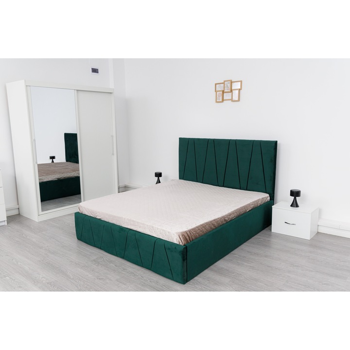 Dormitor Complet Cosmin Alb Verde cu Pat Tapitat Alb Verde Stofa 160x200 Dulap Usi Glisante 150 cm x 200 cm Alb cu oglinda si Noptiere