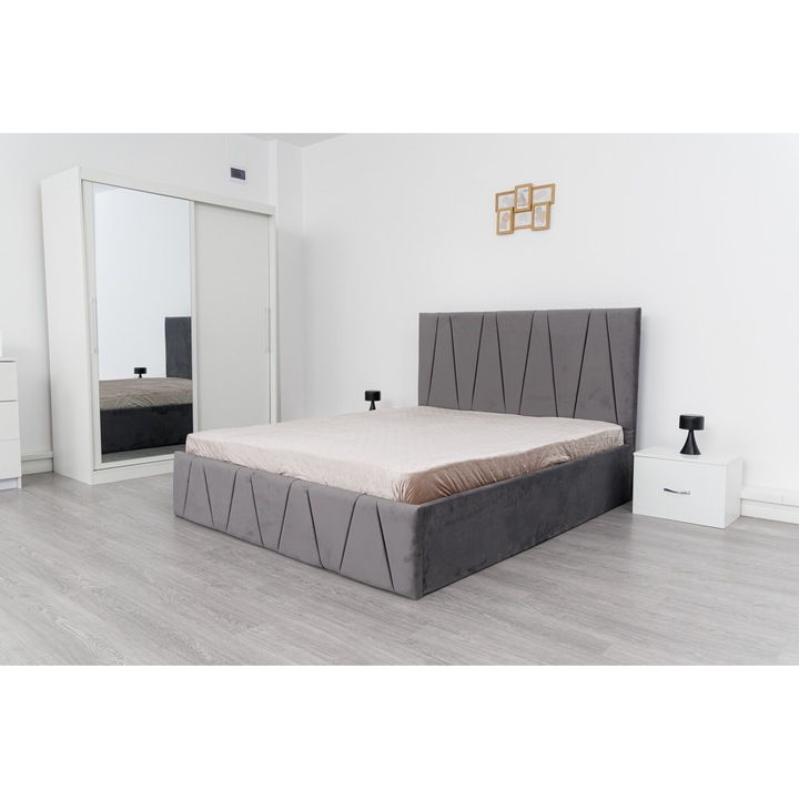 Dormitor Complet Cosmin Alb Gri cu Pat Tapitat Gri Stofa 160x200 Dulap Usi Glisante Alb 150 x 200 cm cu oglinda si Noptiere