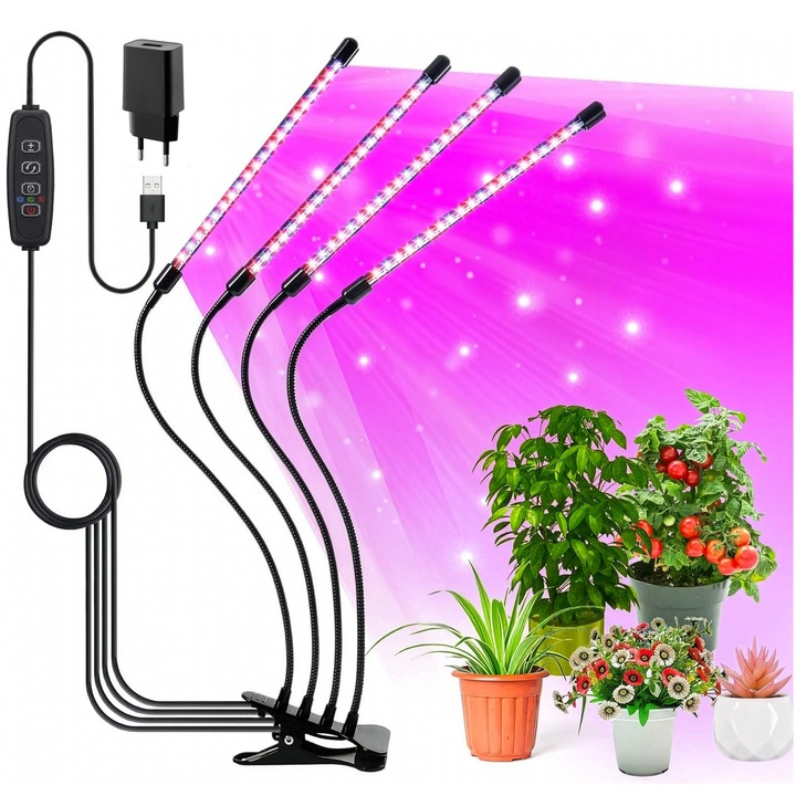 Lampa LED Grow pentru Cresterea Plantelor EVI Garden, 4 Brate Flexibile, 80 LED-uri UV (Rosu/Albastru), Temporizator (Timer), 9 Trepte Luminozitate, Alimentare USB, Negru