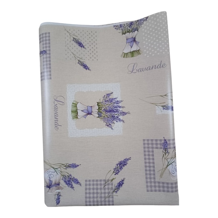 Fata de masa impermeabila, musama, dreptunghiulara, 100x140 cm, material PVC/textil, model buchet de lavanda