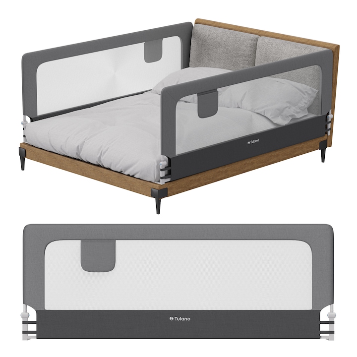Bariera de protectie pentru pat, Tulano Cover 30, Margine de Siguranta 200 Cm, cu Inaltime Ajustabila, Tesatura din Plasa, Colturi Rotunjite, Buzunar pentru Obiecte Mici, Usor de Asamblat si Dezasamblat, 0 luni pana la 5 ani, Pana la 20 kg sigure, Gri