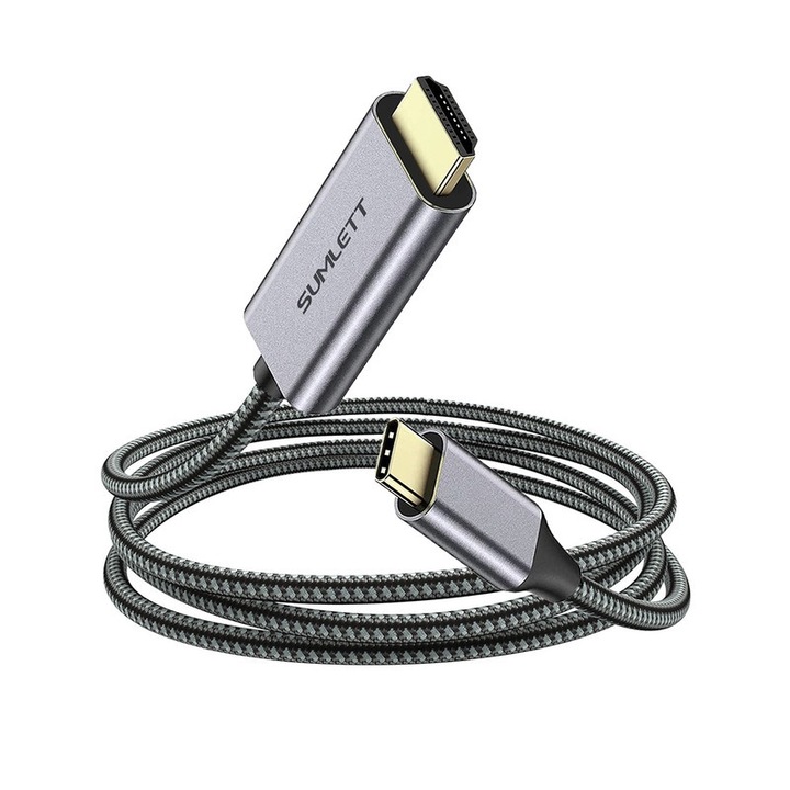 Кабел USB Type-C към HDMI, SUMLETT, 4K, найлонова оплетка, сив, 1,8 м