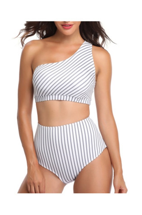 10091633Дамски Бански от Две Части Mixbo, с Висока Долна Част, Бял на Райета, Бял/Черен