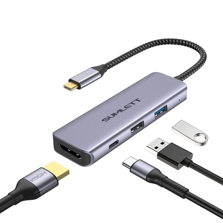 Хъб SUMLETT USB-C 4 в 1, HDMI 4K, 2x USB, Type-C зареждане, сив, 0,15 см