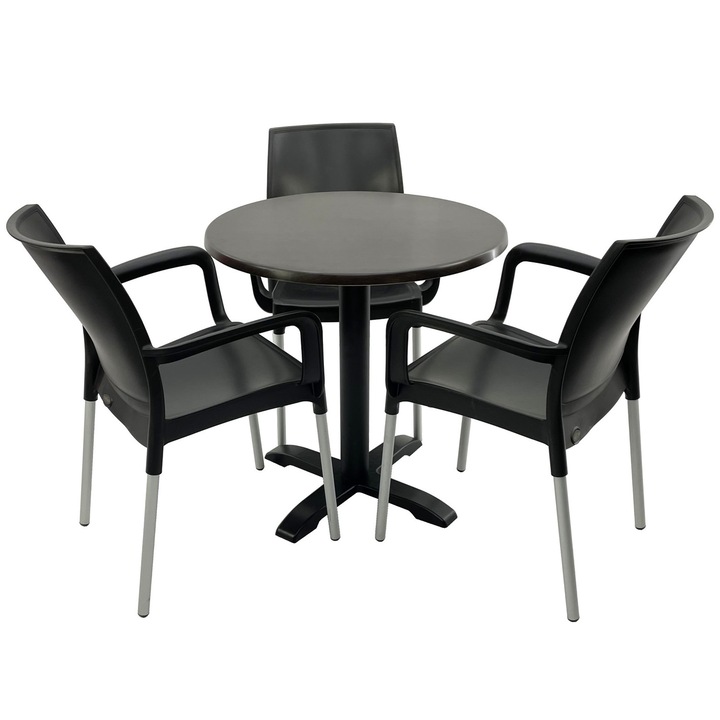 Set mobilier terasa RAKI, 3 scaune Sunset negre 55x58xh82cm din plastic cu picioare aluminiu, masa rotunda D70cm cu blat Werzalit New Wenge si picior din metal negru