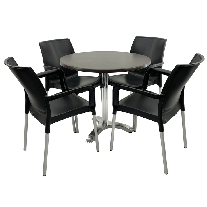 Set mobilier terasa RAKI, 4 scaune Sunset negre 55x58xh82cm din plastic cu picioare aluminiu, masa rotunda D80cm cu blat Werzalit New Wenge si picior aluminiu