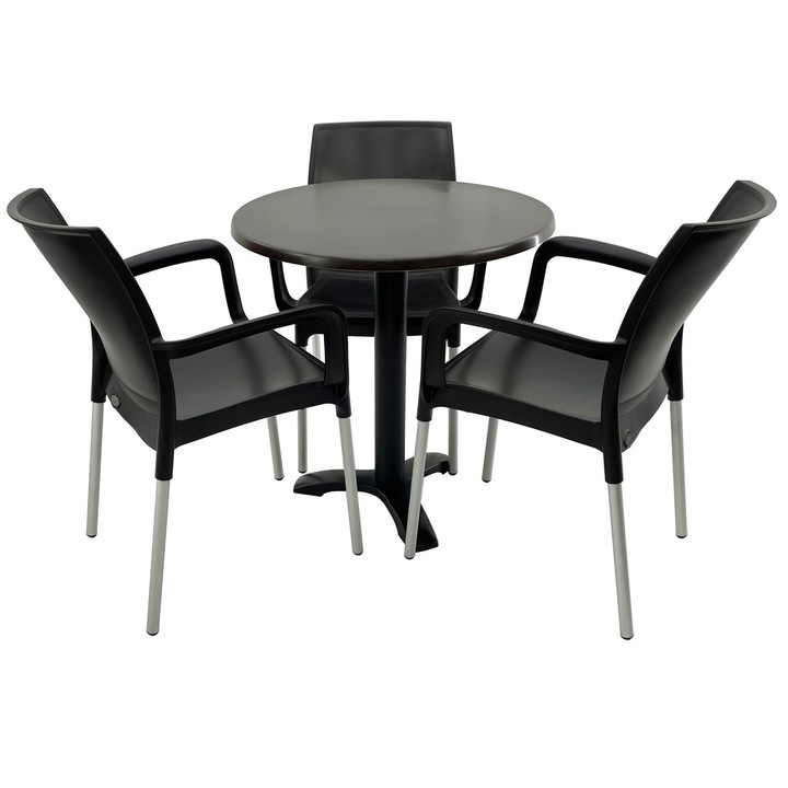 Set mobilier terasa RAKI, 3 scaune Sunset negre 55x58xh82cm din plastic cu picioare aluminiu, masa rotunda D70cm cu blat Werzalit New Wenge si picior metalic negru