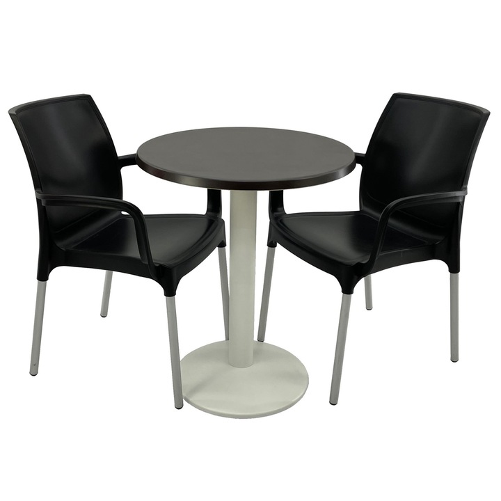 Set mobilier terasa RAKI, 2 scaune Sunset negre 55x58xh82cm din plastic cu picioare aluminiu, masa rotunda D60cm cu blat Werzalit New Wenge si picior metalic alb