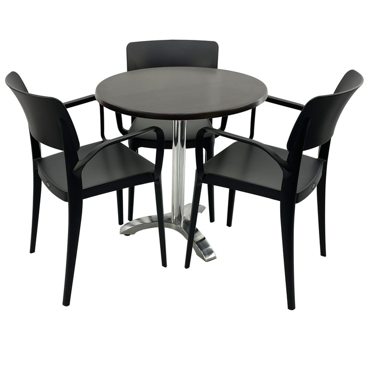 Set mobila terasa/restaurant RAKI, masa rotunda D70cm cu blat Werzalit New Wenge si picior aluminiu, 3 scaune cu brate Panora negre 54,5x51xh81,9cm din plastic