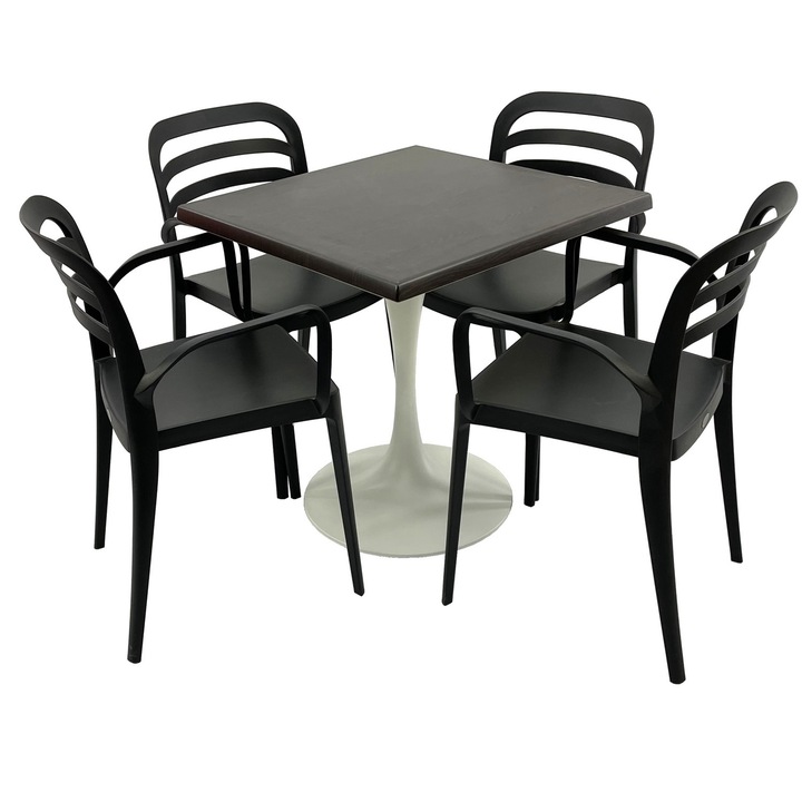 Set mobila terasa/restaurant RAKI, masa patrata 80x80cm cu blat Werzalit New Wenge si baza metalica alba, 4 scaune cu brate Aspendos negre 54,5x51xh81,6cm din plastic